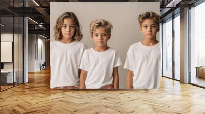 children with beautiful white canvas shirt mockups in matching outfit of pastel colors, with white background. Design t-shirt template, print presentation mockup Wall mural