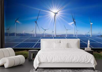 Concept of energy storage system. Renewable energy power plants - photovoltaics, wind turbine farm and battery container. 3d rendering.
 Wall mural