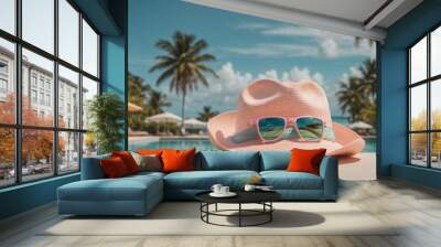 
hat, glasses on the edge of a pool in a hotel, concept of relaxing on summer vacation, atmosphere in pastel colors, space for text Wall mural