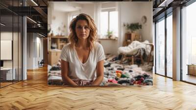 Lonely woman in living room feeling depressed and stressed with sad look, burdened with housework, disheveled and depressed looking, postpartum, negative emotion and mental health concept Wall mural