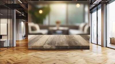 Modern empty wooden table on a luxury living room interior background in a house or apartment with blurred bokeh. for display of assembly products, space for text Wall mural