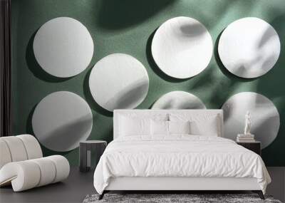 Natural light casts shadows from the plant on 6 round sheets of white textured paper lying on a green textured background. Mockup
 Wall mural