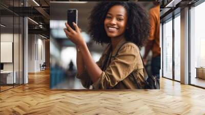 portrait of happy smiling young woman taking selfie photo with smart mobile phone boarding airplane, cheerful tourist at airport, travel lifestyle concept going on summer vacation
 Wall mural