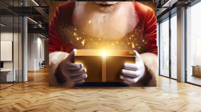 Santa Claus Opening Christmas Present With Golden Stars In Night
 Wall mural