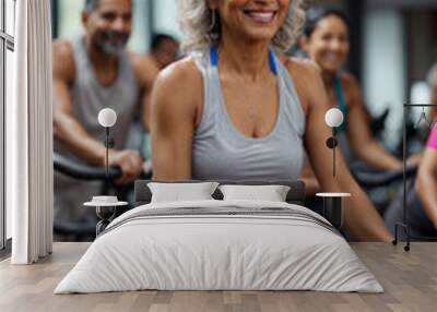 smiling mature woman smiling doing sports in the gym, senior people in group exercising, stationary fitness bikes in the gym	 Wall mural