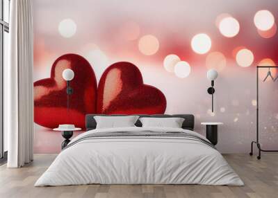 Valentines day background with two red hearts on wooden background
 Wall mural