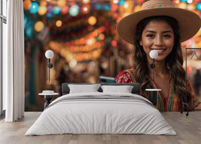 Young beautiful Caucasian Latina Hispanic teenage girl smiling happy outdoors on the street, holding her mobile phone looking, sending message on social media to get worldwide internet coverage online Wall mural