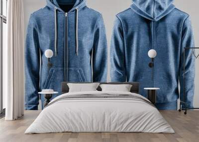 A blue hoodie jacket is displayed on a gray background Wall mural