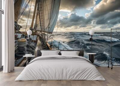 A majestic sailing ship majestically sails across the bright blue sea waters. Wall mural