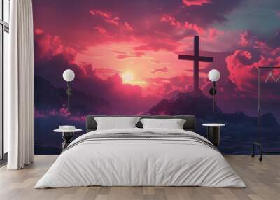 A solitary cross stands tall in a golden field at sunset.   Wall mural