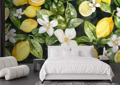 A watercolor pattern of lemons and flowers that evokes freshness and spring. Wall mural