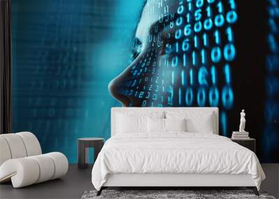 A woman's face is covered in streams of digital code, symbolizing technology and innovation. Wall mural