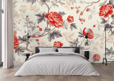 Bright red and white floral pattern on white background Wall mural