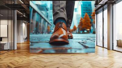 Business male legs walking around the city. Close-up view Wall mural