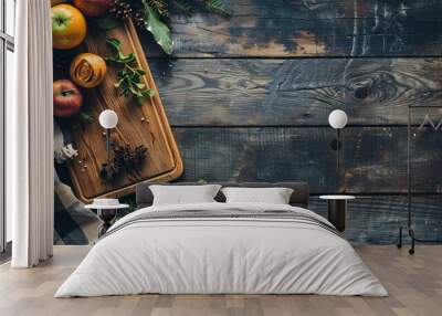 Wooden cutting board on kitchen table Wall mural