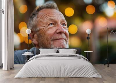 An elderly man exercises outside, looking to the side with a smile, enjoying the moment Wall mural