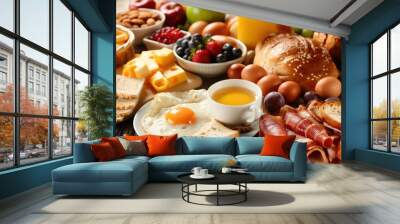 Various breakfast items arranged on a table Wall mural