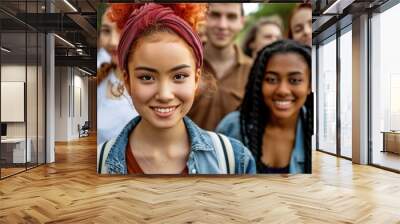 Young adults smile together outdoors, celebrating diversity and connection in a natural setting Wall mural