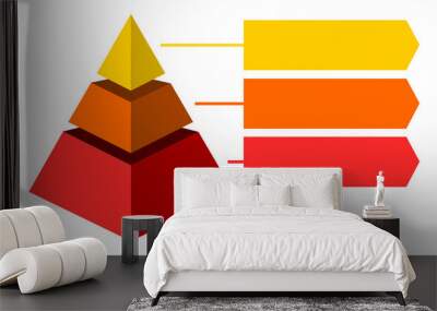 Infographic  of yellow and red triangles divided and cut into thirds and space for text, Pyramid shape made of three layers for presenting business ideas or disparity and statistical data Wall mural