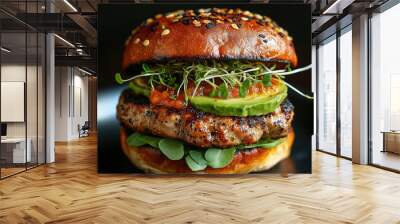 A delicious turkey burger is topped with fresh avocado slices, sprouts, and tomato, served on a sesame seed bun for a healthy gourmet meal. Wall mural