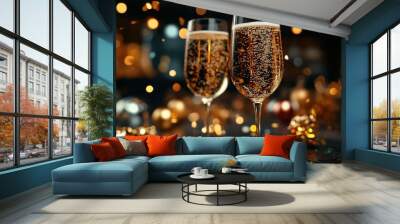 Two champagne glasses filled with bubbles against a backdrop of golden festive lights, symbolizing celebration, parties, and special occasions. Wall mural