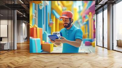 3D clay-style render of a delivery driver scanning a package barcode with a handheld device in a cheerful clay world Large space for text in center Stock Photo with copy space Wall mural