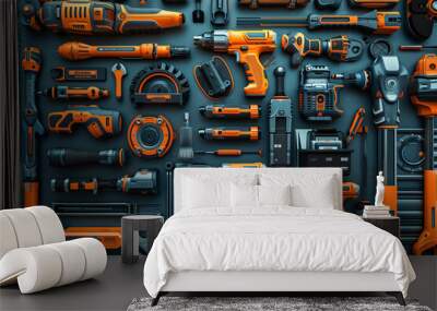 3d render Collection of Power tools in white color with space background in center Wall mural