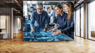 A collaborative design session where architects and engineers are reviewing and modifying a 3D holographic blueprint of a large-scale development project highlighting the dynamic exchange of ideas Wall mural