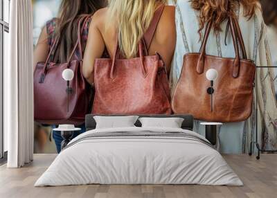 A group of women shopping for luxury handbags at an exclusive boutique They try on different styles admiring the craftsmanship and design Stock Photo with copy space Wall mural