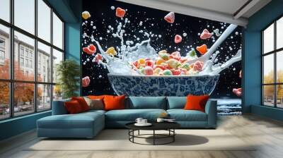 A refined shot of a colorful bowl of sugary cereals with a crisp white spoon and an artistic milk splash, highlighting the texture and bright colors of the cereal Camera lens 50mm studio shot for Wall mural