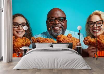 A young girl, an elderly man, and a middle-aged woman from different ethnicities sharing a meal of fried chicken in a studio setting. The action shot captures mid-bite moments with fried batter Wall mural