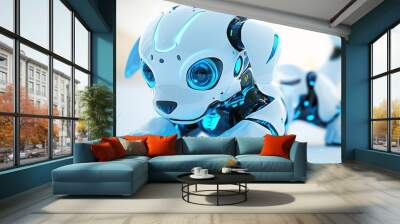 Adorable robotic puppy with metallic fur and expressive digital eyes wagging its tail on a fun surface Stock Photo with side copy space Wall mural