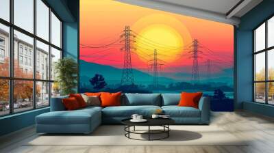 Electrical engineering power transmission towers and electric waves in flat design Vector look Digital art Large space for text in center Stock Photo with copy space Wall mural