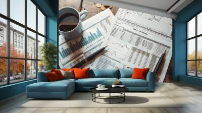 Investment portfolio flat lay with paper art stocks bonds and financial reports Stock Photo with copy space Wall mural