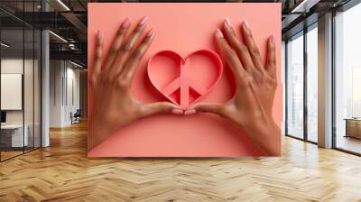 Minimal style 2D paper crafts art of hands forming a heart shape with a peace symbol inside Stock Photo with copy space Wall mural