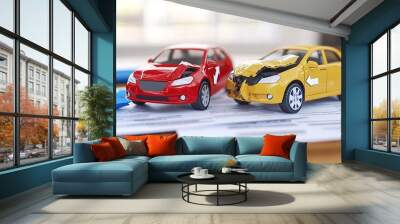 Minimalist illustration of two eco-cars damaged from a minor crash with simplified arrows and damage icons pointing to repair spots and insurance paperwork Large space for text in center Stock Photo Wall mural