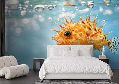 Surrealistic image of a pufferfish with spines made from broken glass and metal debris floating in a polluted ocean with significant empty space on the right side of the image Stock Photo with copy Wall mural