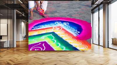 Hands of girls making rangoli - indian mandala. Indian tourism. Indian traditional culture, art and religion. decorative element. abstract Oriental background, selective focus, lifestyle Wall mural