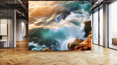 Aerial View of the Ocean and Rocky Shoreline at Sunset, Illuminating aerial portrayal of a sunlit sea contrasted against dark rocks, AI Generated Wall mural