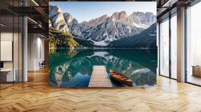 Beautiful view of traditional wooden rowing boats on Lago di Braies in the Dolomites Generative AI Wall mural