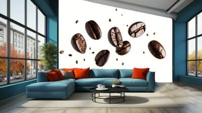 Coffee bean fly explosion, Coffee seeds float explode, abstract cloud fly. Coffee beans splash throwing in Air. White background Isolated high speed shutter, freeze motion Wall mural