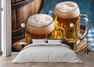 Draft cold beer in glass jars in pub hotel or restaurant. Oktoberfest. Wall mural