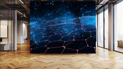 Abstract wave of particles and lines. Hexagon. Big data. Network or connection. Widescreen illustration. Digital background. 3d rendering, Generative AI Wall mural