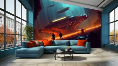 Digital illustration painting design style a spaceship is in alien's cave, against astronauts working in it, Generative AI Wall mural