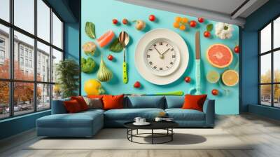 Proper nutrition concept. Top view photo of plate fork knife scales vegetables fruits alarm clock dumbbells and tape measure on isolated pastel blue background with empty space, Generative AI Wall mural