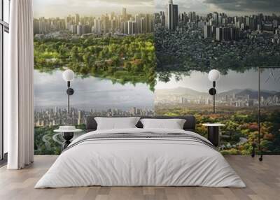 A city’s ecological footprint visualized, with its impact on surrounding forests, rivers, and wildlife, split-screen showing before and after. Wall mural