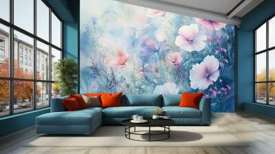 A delicate watercolor painting of flowers blooming in a misty garden, with soft, flowing colors blending into one another seamlessly. Wall mural