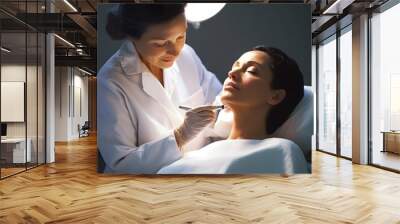 A dermatologist examining a patient's skin in a well-lit clinic, demonstrating the importance of skincare. Wall mural