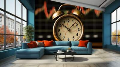 A vintage metal alarm clock on a table, showing time with its classic design and retro bells. Wall mural