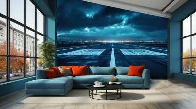 Empty airport runway at night with distant city lights, wide-angle lens capturing vast spaces. AI generated illustration Wall mural